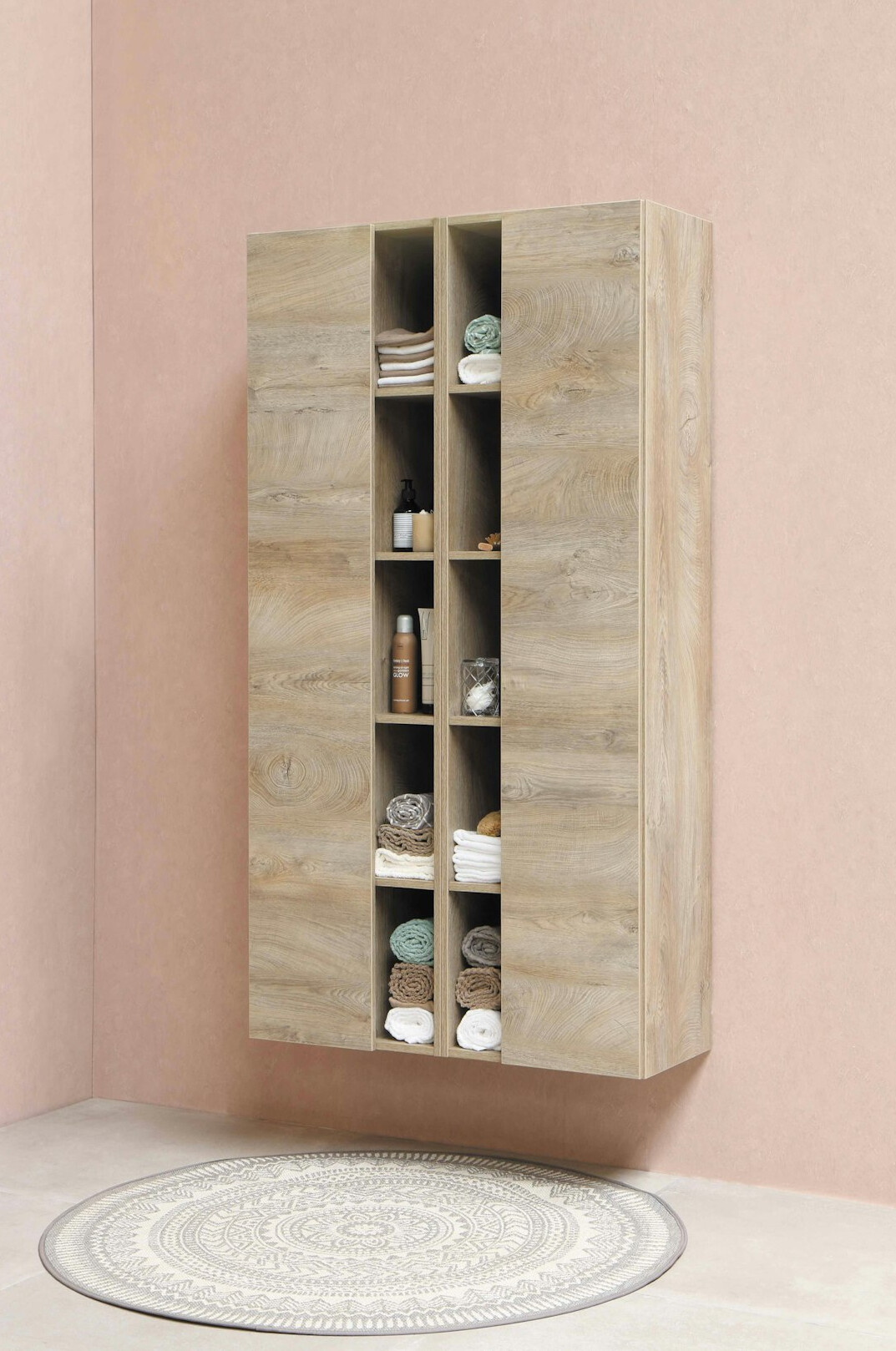 organized bathroom shelves