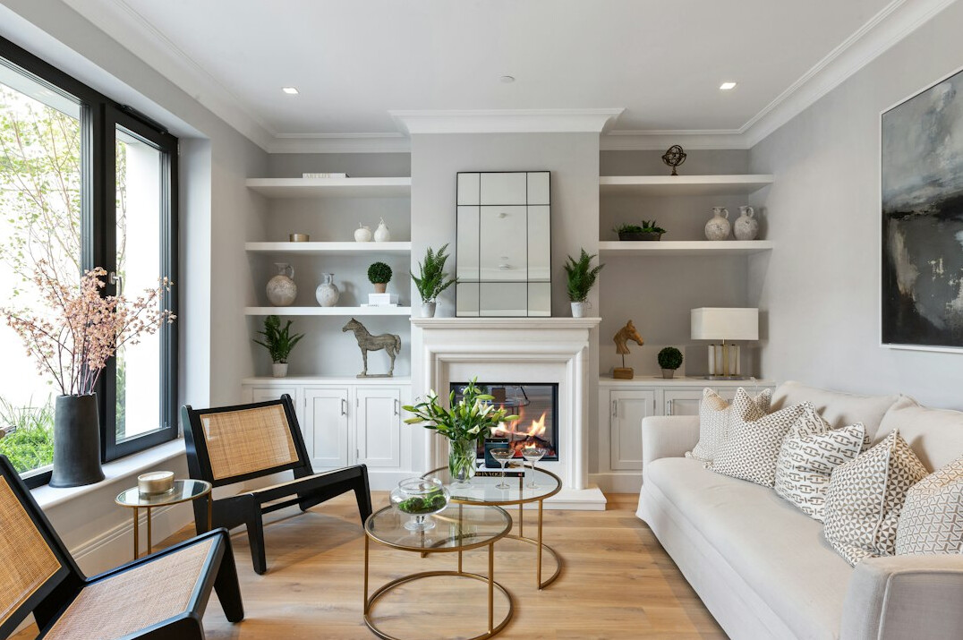 organized living room with shelves
